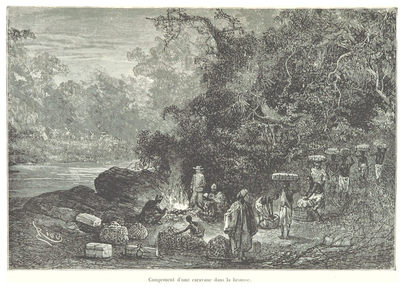 Campement d’une caravane dans la brousse, gravure de « Du Niger au golfe de Guinée »