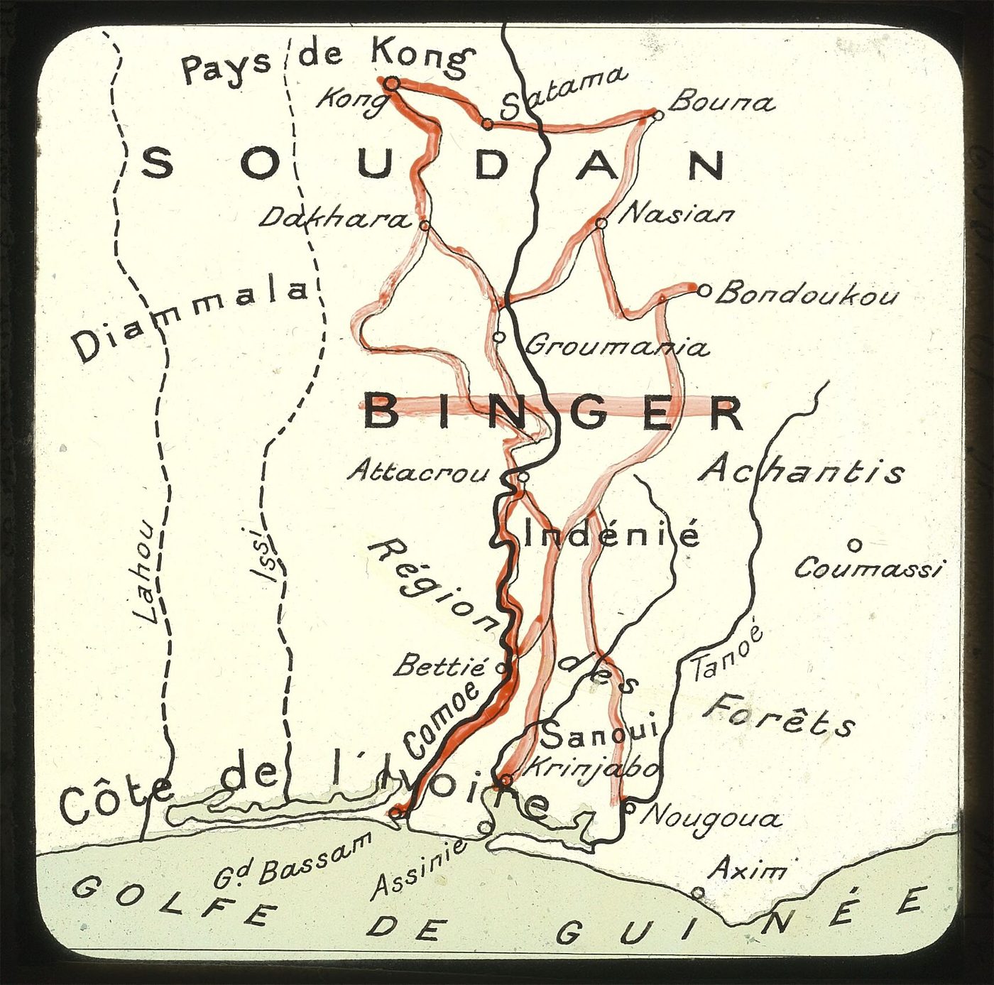 Mission Binger au Soudan - (cartogr. Jules Hansen) ; (carte reprod. par Molteni pour le) rapport (sur les progrès des sciences géographiques du) 16-12-92 (présenté par) Maunoir - btv1b5972442x