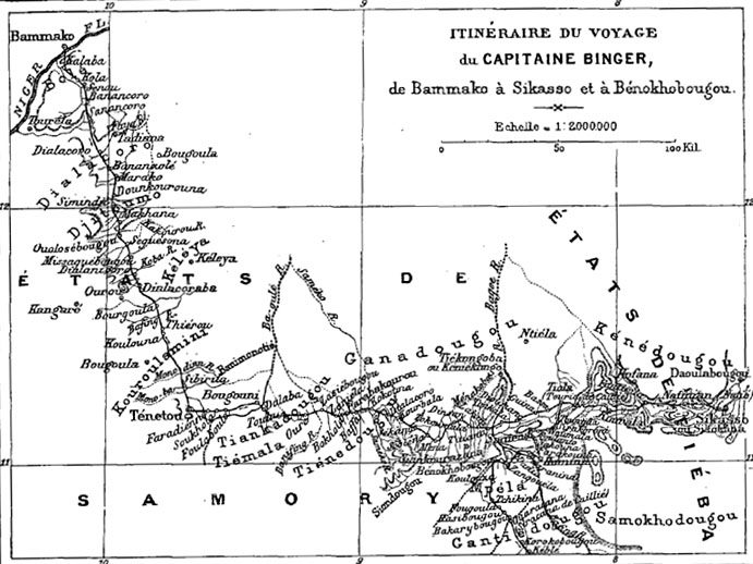 Itinéraire du voyage du capitaine Binger, de Bammako à Sikasso et à Bénokhobougou