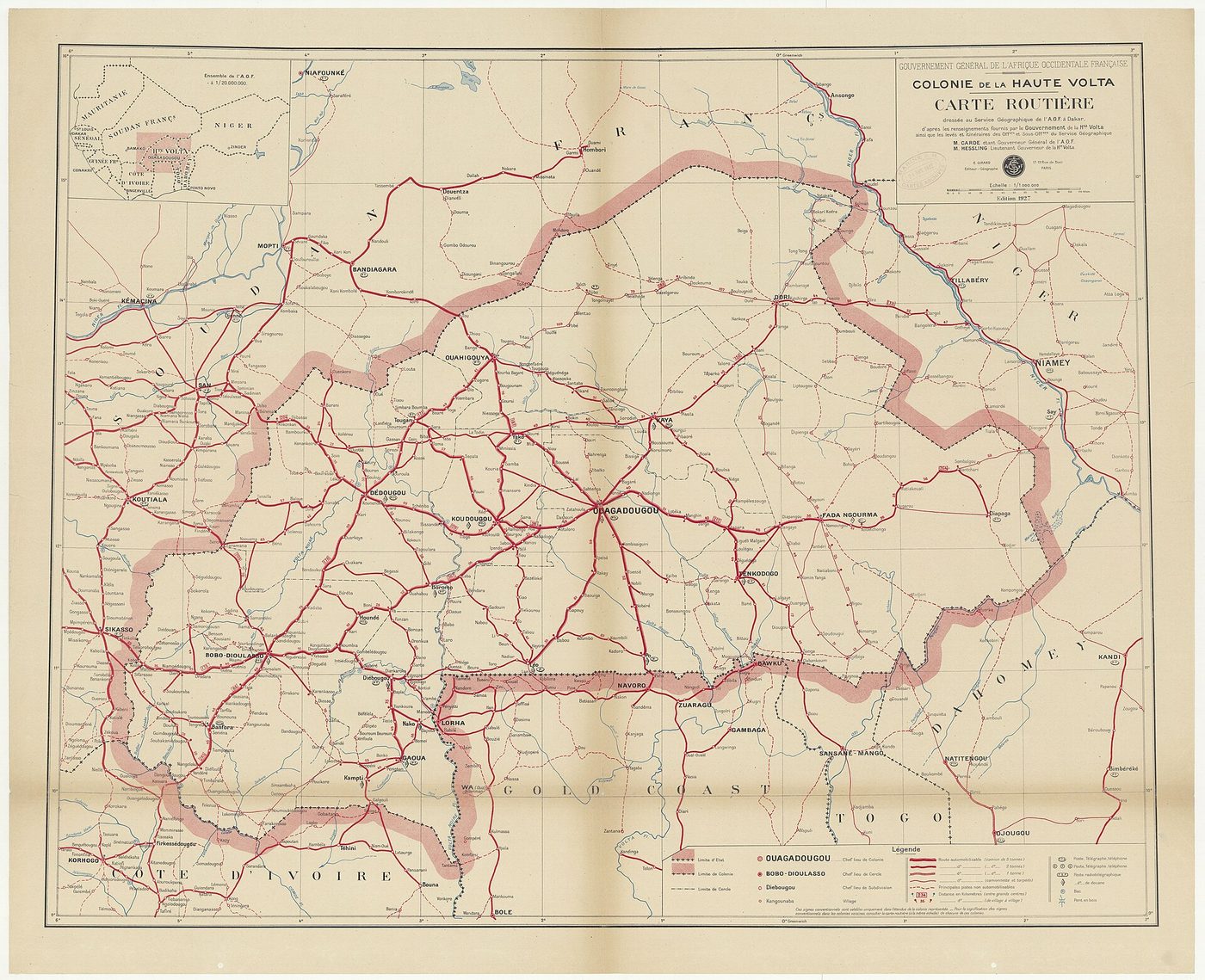 Colonie de la Haute-Volta, carte routière au 1/1 000 000