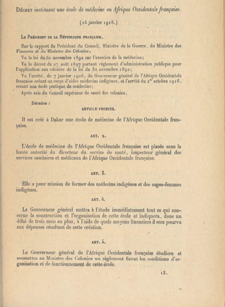 Décret du 14 janvier 1918 instituant une école de médecine en Afrique occidentale française