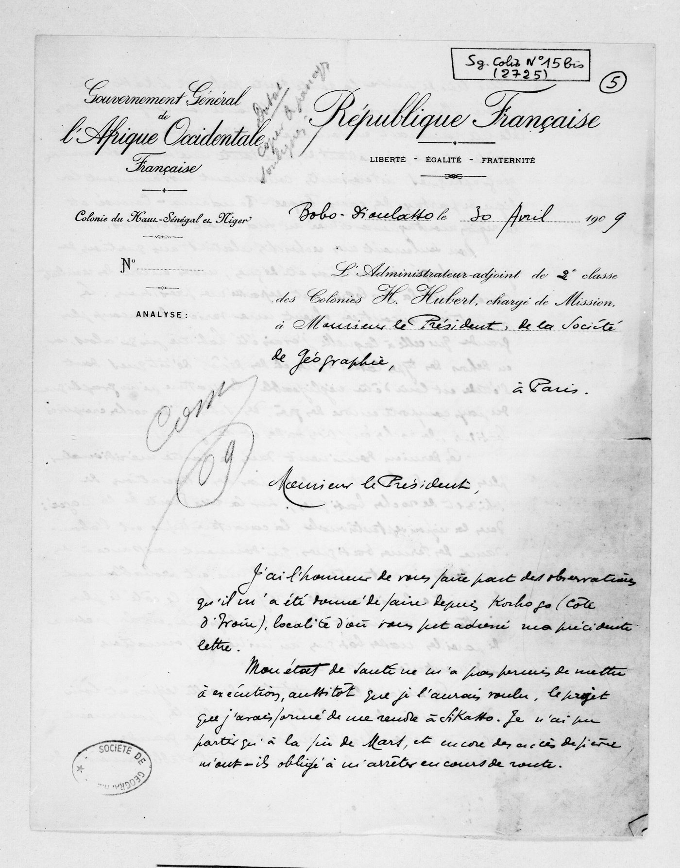 Henry Hubert. 3 lettres de Henry Hubert sur les confins de la Côte-d'Ivoire et du Soudan, Korhofo, 15 février, Bobo-Dioulasso, 30 avril, Diébougou, 7 août 1909 - btv1b10888900h (05 of 10)
